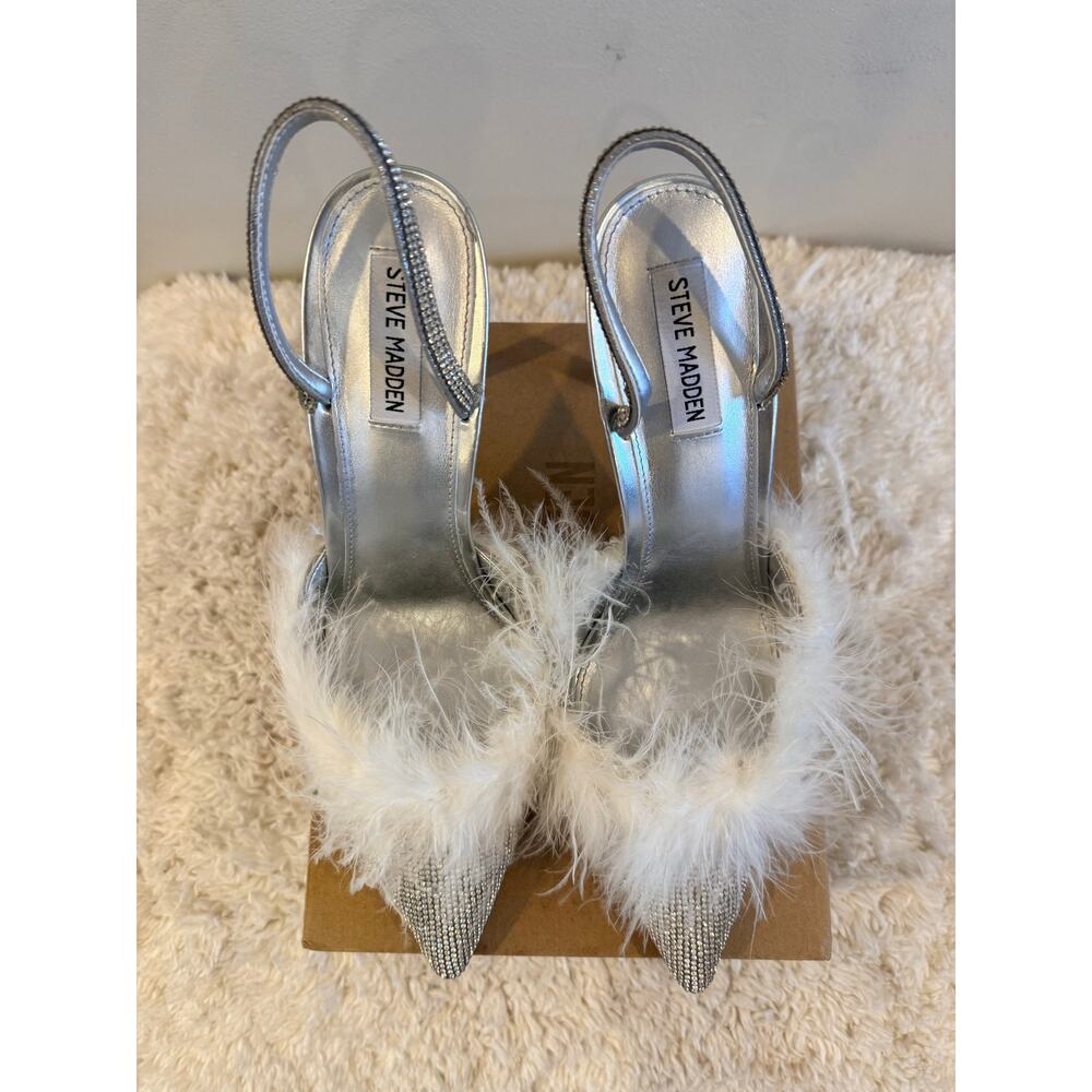 Steve Madden Silver Rhinestone Slingback Pumps with White Feather Trim Size 11 - Picture 6 of 9